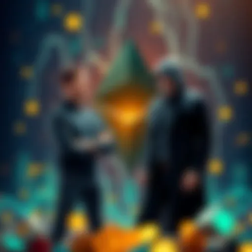 A visual representation of Vitalik Buterin discussing Ethereum with Satoshi Nakamoto, who is portrayed as a shadowy figure, symbolizing his anonymous status. They stand in a digital landscape filled with cryptocurrency symbols.