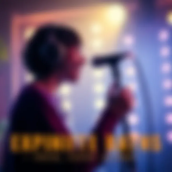 A singer passionately performing a vocal cover with a microphone in a studio setting, surrounded by soft lighting.