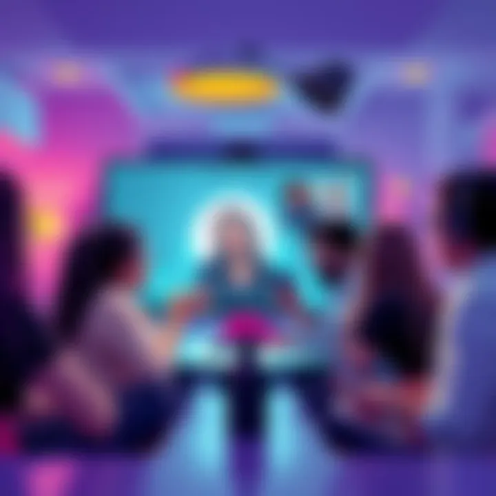 People connecting in a small group video call on Vooz, engaging in audio and text chats, with a vibrant and friendly atmosphere.