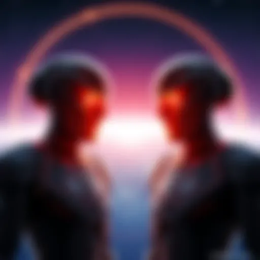 Two Vorlons engaged in telepathic communication with a starfield background