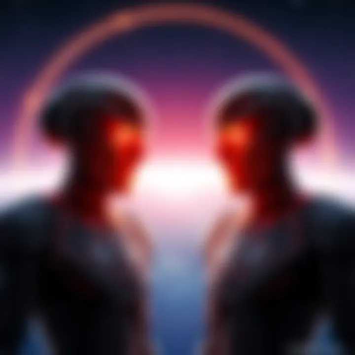 Two Vorlons engaged in telepathic communication with a starfield background