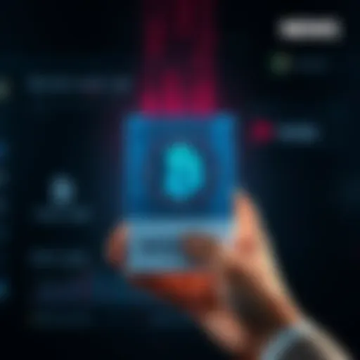 A hand holding a digital ballot marked with a blockchain symbol, representing secure voting systems.