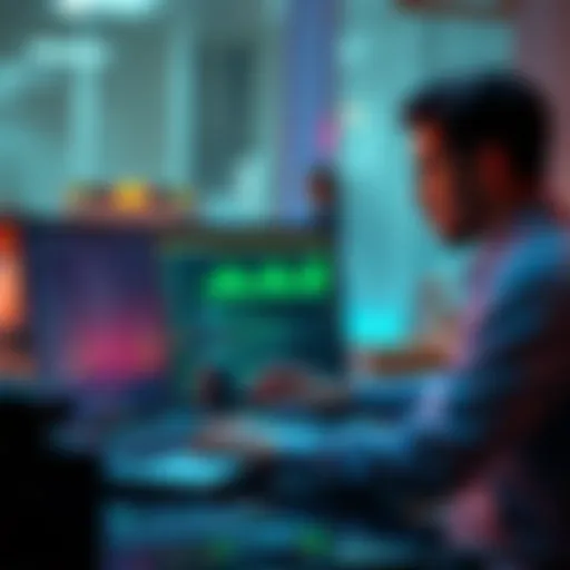 A developer working on a Node application on a laptop with VPS setup on a screen.