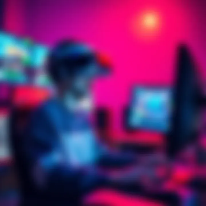 VR Game Development for Beginners A person wearing a VR headset, sitting at a computer, excitedly working on a game project, with colorful graphics on the screen.