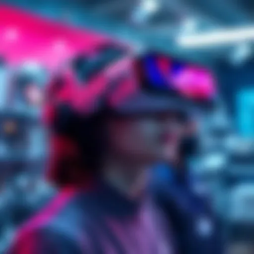 A person wearing a VR headset exploring virtual sales environments, focusing on products without distractions.