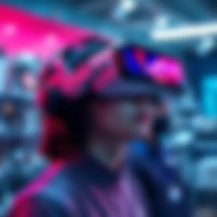 A person wearing a VR headset exploring virtual sales environments, focusing on products without distractions.