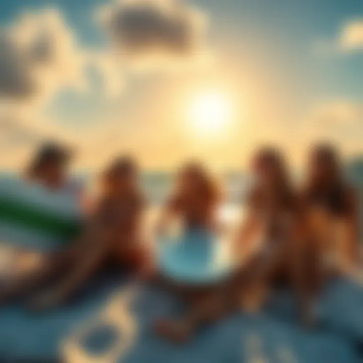 A group of friends relaxing on a beach with surfboards, enjoying the sun and good times, embodying the WAGMI vibe of positivity and leisure.