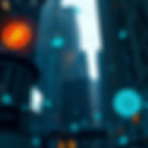 Wall Street buildings with digital currency symbols in the foreground