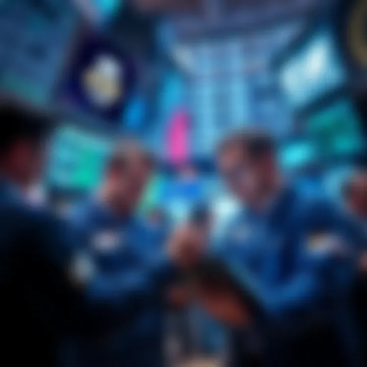 Wall Street Traders Analyzing Data Traders on Wall Street discussing data related to prediction markets with charts and graphs around them