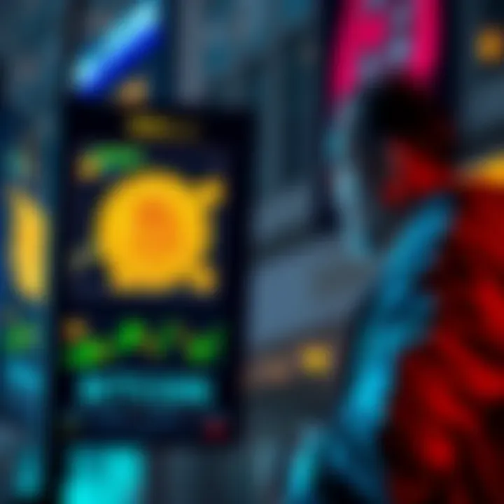 A Wall Street banker analyzing Bitcoin trends on a digital screen with cryptocurrency symbols in the background.