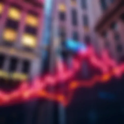 A graph showing rising cryptocurrency values with Wall Street symbols in the background, representing market trends.