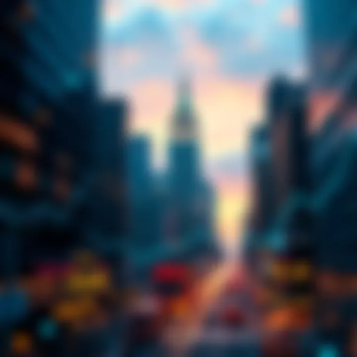 Wall Street skyline with a digital representation of Stellar cryptocurrency and financial figures overlay
