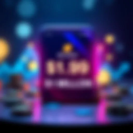 A graphic showing a digital wallet app with a $19 million balance on the screen, accompanied by currency symbols and financial icons.