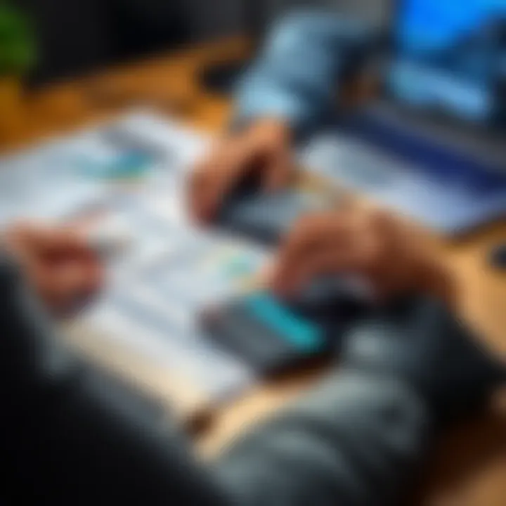 A person analyzing finances with a calculator and a wallet on a desk, surrounded by financial documents and a laptop.