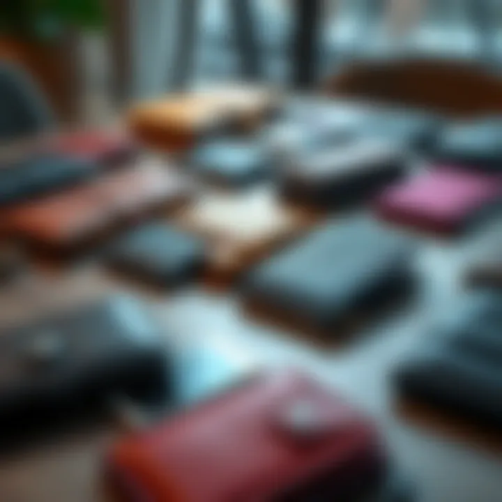 A variety of wallets displayed on a table showing different styles and colors for personal finance management.