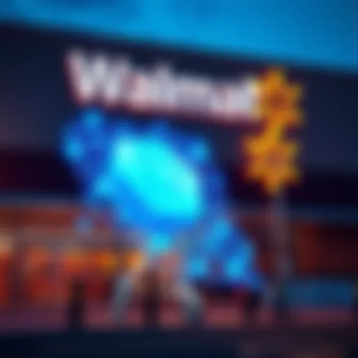 A Walmart store front displaying a graphic representation of blockchain technology, highlighting its connection to retail operations.