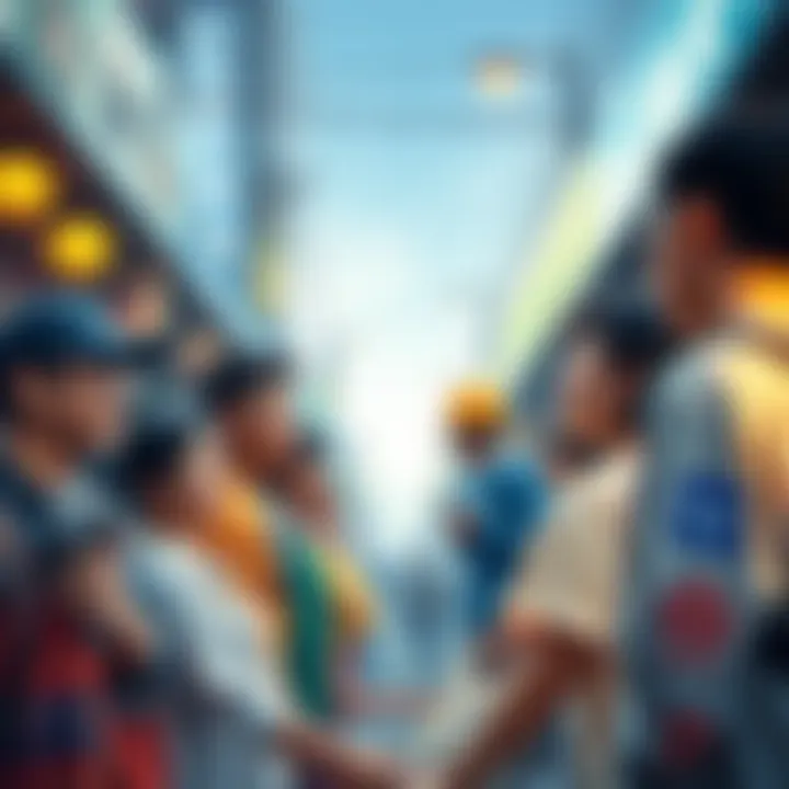 Walmart's Community Impact in China A vibrant community scene showing diverse individuals benefiting from job opportunities and local growth due to Walmart's presence.