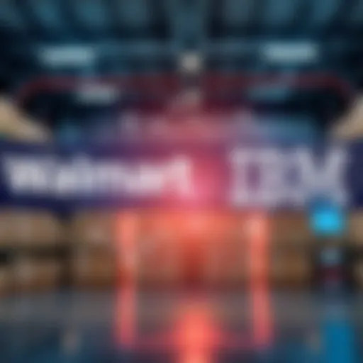 Graphic showing Walmart and IBM logos connected by a blockchain symbol, representing supply chain tracking.