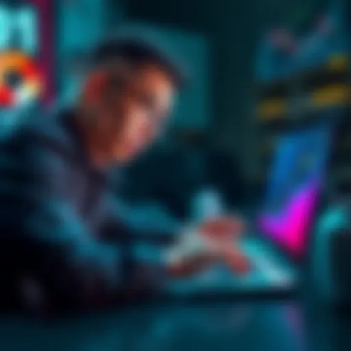 A worried person checking market trends on a laptop with rising graphs illustrating inflation and Bitcoin values