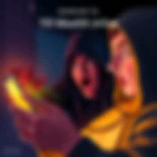 A shocked person holding a phone, looking at financial data and social media, with a dark shadowy figure lurking nearby, symbolizing the risk of sharing wealth online.