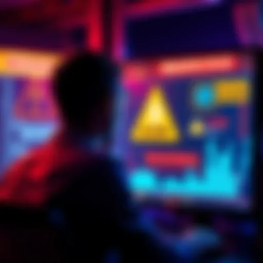 A person looking at a computer screen with warning signs and symbols indicating a crypto scam.