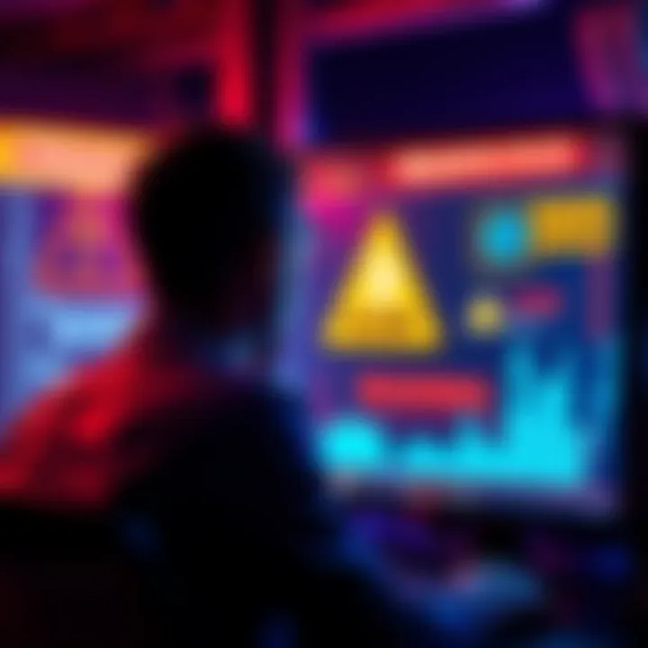 A person looking at a computer screen with warning signs and symbols indicating a crypto scam.