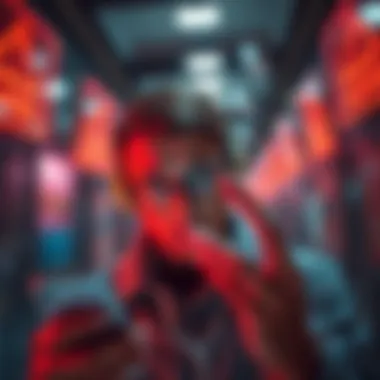 A person looking concerned while checking digital currency values on their phone, with warning signs in the background.