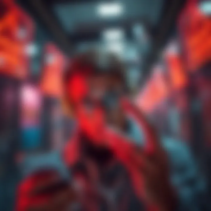 A person looking concerned while checking digital currency values on their phone, with warning signs in the background.