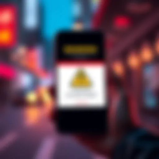 A smartphone displaying a money transfer app with a warning symbol, indicating account issues