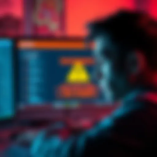A worried person looking at a computer screen with a warning message about online scams