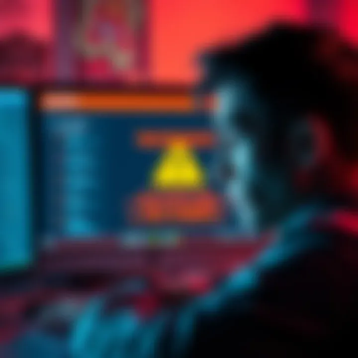 A worried person looking at a computer screen with a warning message about online scams