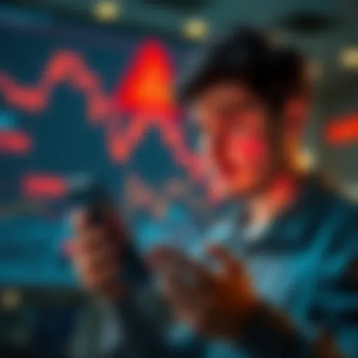 A person looking worried while checking their financial losses on a phone, with a chart showing a downward trend in the background.