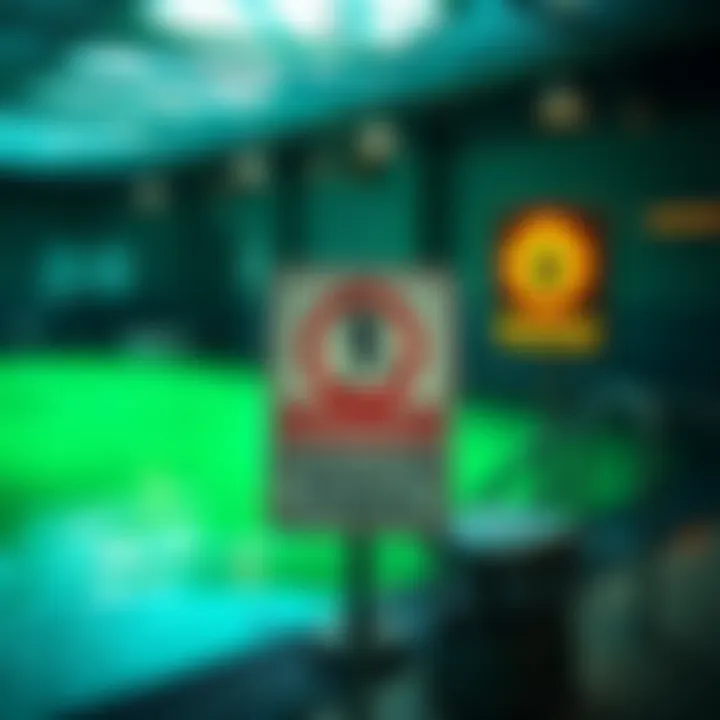 A warning sign indicating health risks near a pool filled with green water, illustrating the dangers of parasite pools.