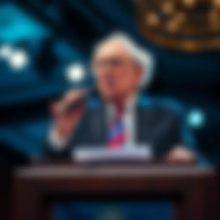 Warren Buffett speaking at a podium about the flaws of FIAT currency during a financial conference
