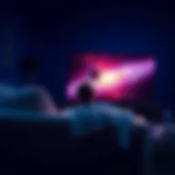 A person sitting on a couch, intently watching the Cosmos series on a large TV with space-themed visuals on the screen.