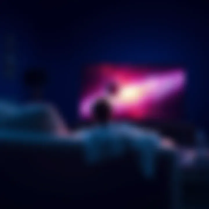 A person sitting on a couch, intently watching the Cosmos series on a large TV with space-themed visuals on the screen.