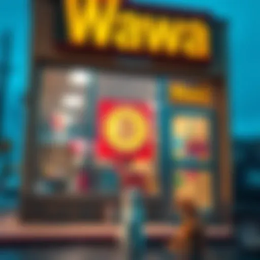 A Wawa store with a Dogecoin sign in the window and a dog in front of it