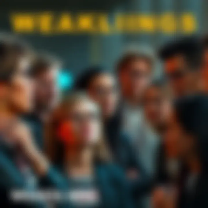 A group of people in conversation, some looking concerned, others appearing unapologetic, reflecting different attitudes towards the term 'weaklings'.