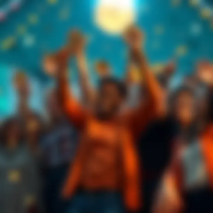 A group of diverse people holding coins and celebrating, symbolizing unity in achieving wealth goals.