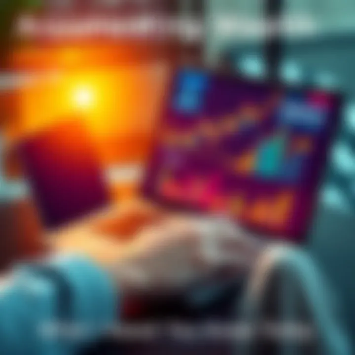 A person analyzing financial data on a laptop with charts and graphs showing growth in wealth.