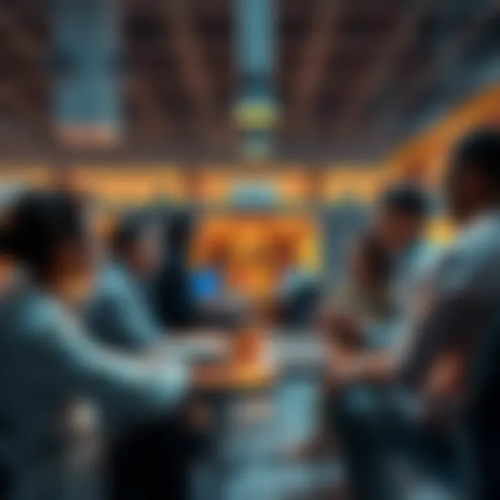 People discussing wealth strategies in a modern office space
