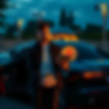 A person stands beside a luxury car with a worried expression, holding a calculator and bills, while a Bitcoin symbol glows in the background.