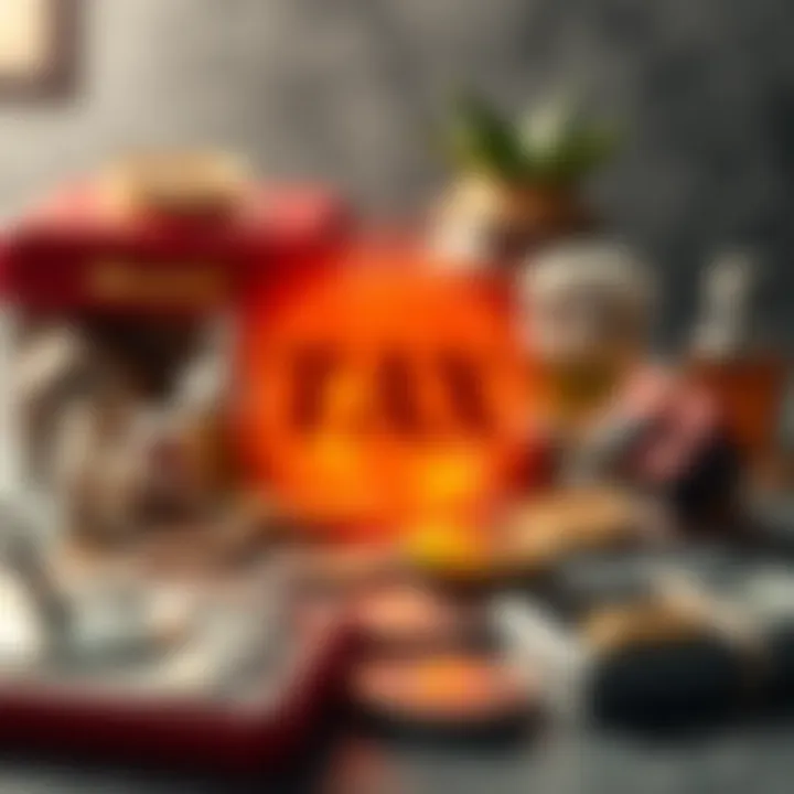 A graphic showing luxury items, digital currencies, and property with a tax symbol overlay, representing France's extended wealth tax on unproductive assets.