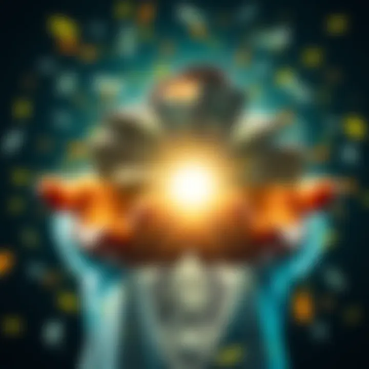 A person holding stacks of cash with a bright light symbolizing financial success