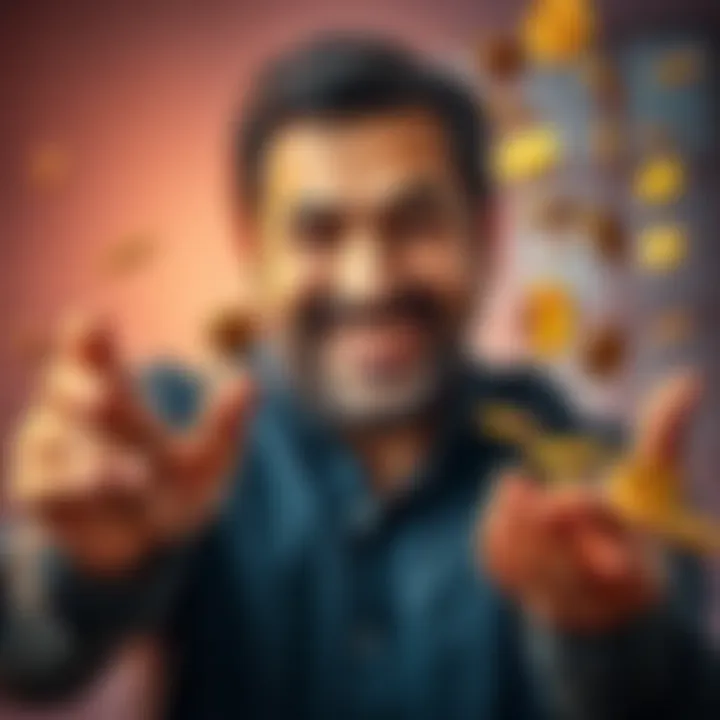 A wealthy man smiling as coins fall into his hands, representing profit from cryptocurrencies.