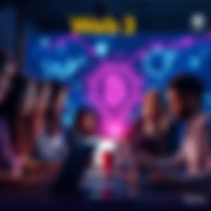 Group of diverse people collaborating on innovative Web3 project ideas with laptops and blockchain graphics in the background.