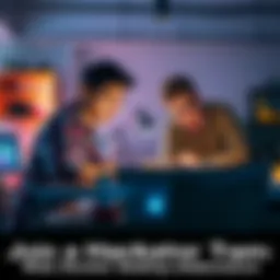 A young web developer brainstorming with teammates over a laptop in a creative workspace