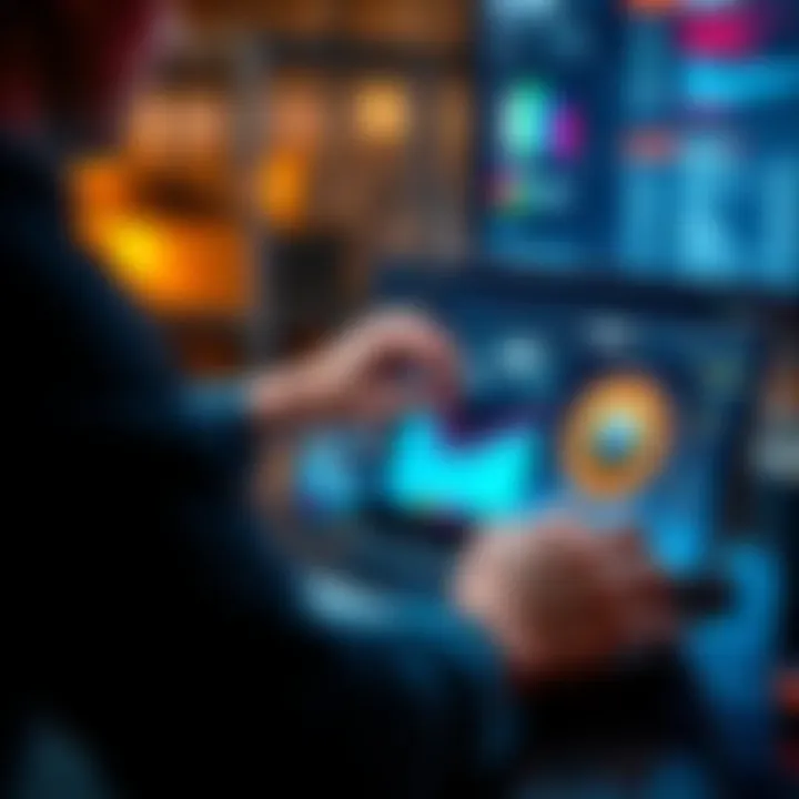 A person analyzing a website's speed performance metrics on a laptop, with a visual representation of speed and performance elements around them.