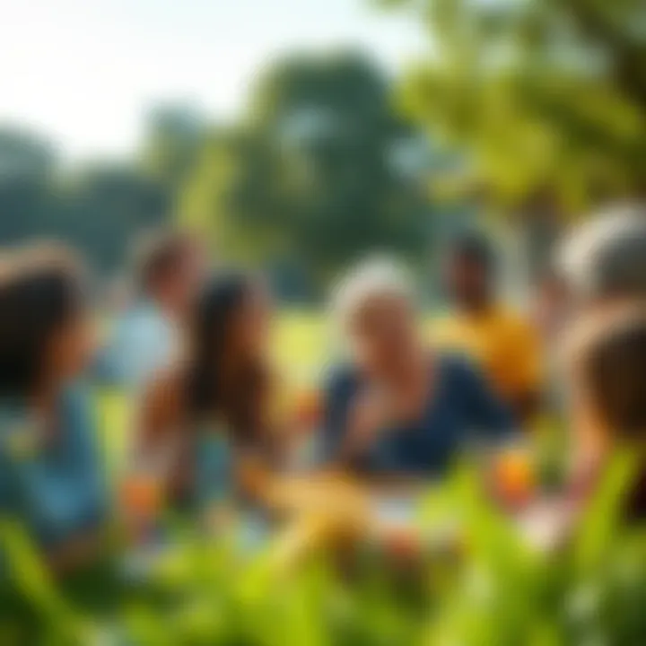 A cheerful group of people enjoying a sunny weekend picnic, sharing laughter and food in a park setting.