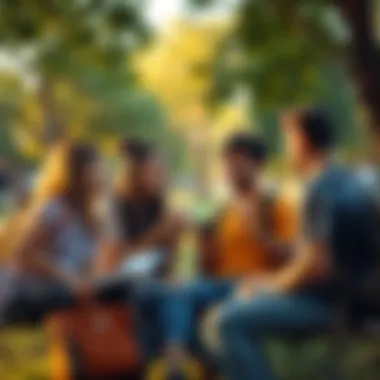 A group of friends chatting and planning their weekend together in a park